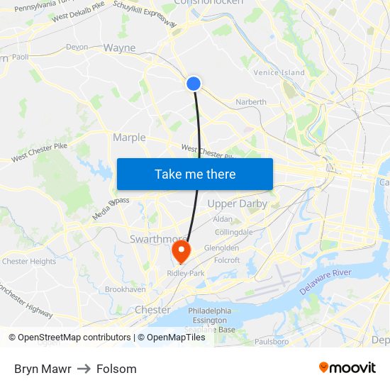 Bryn Mawr to Folsom map