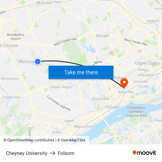 Cheyney University to Folsom map