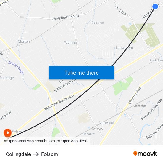 Collingdale to Folsom map