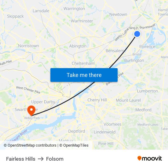 Fairless Hills to Folsom map