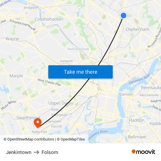 Jenkintown to Folsom map