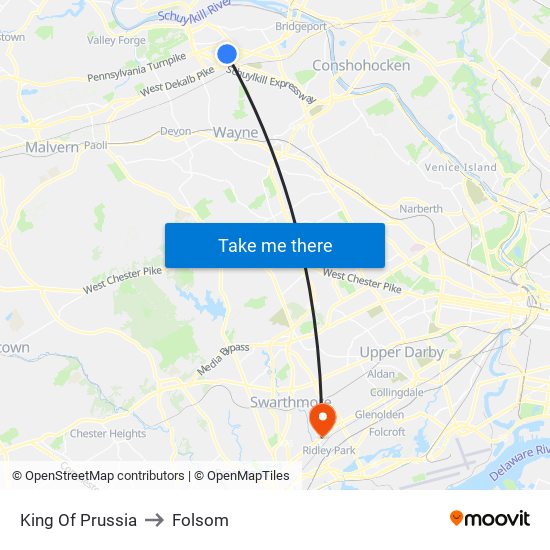 King Of Prussia to Folsom map