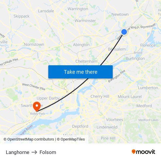 Langhorne to Folsom map