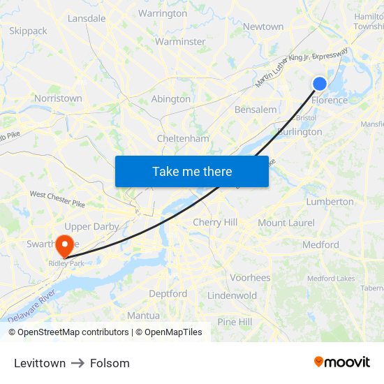 Levittown to Folsom map