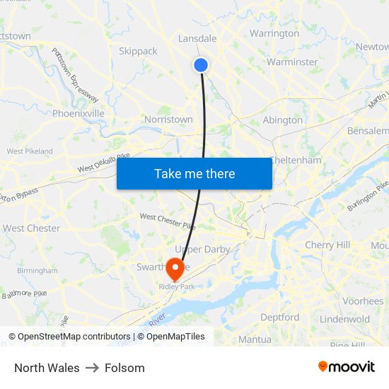 North Wales to Folsom map