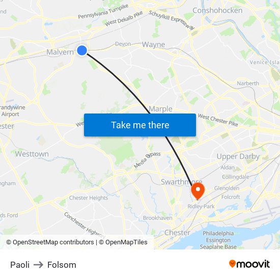 Paoli to Folsom map