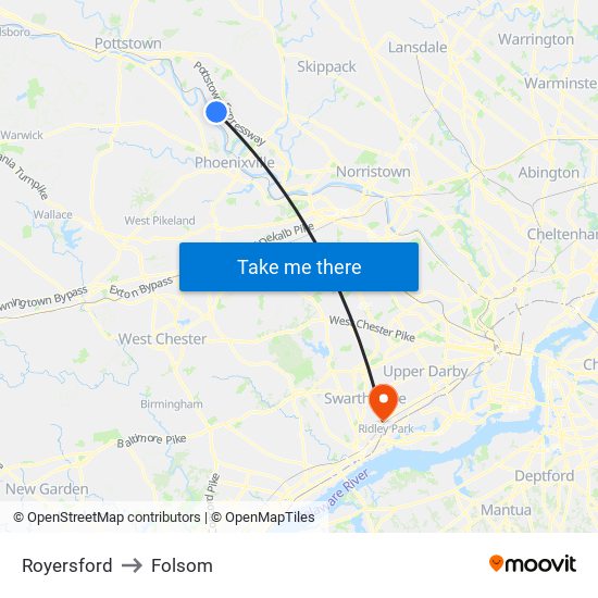 Royersford to Folsom map