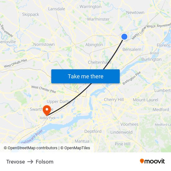 Trevose to Folsom map