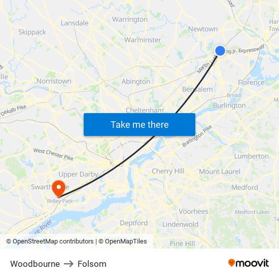 Woodbourne to Folsom map