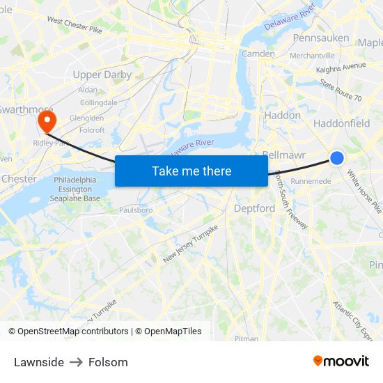 Lawnside to Folsom map