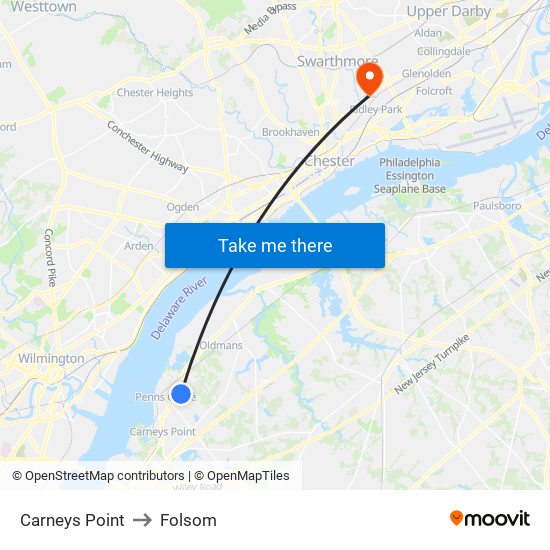 Carneys Point to Folsom map