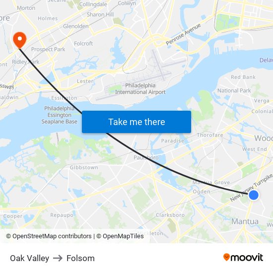 Oak Valley to Folsom map
