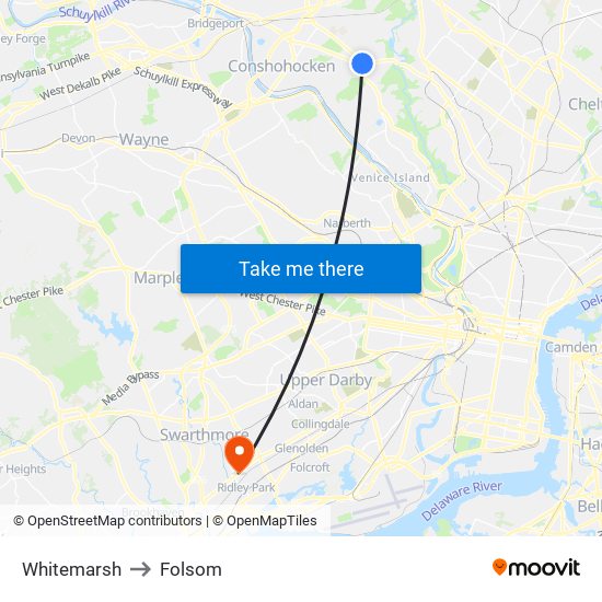 Whitemarsh to Folsom map