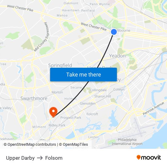 Upper Darby to Folsom map