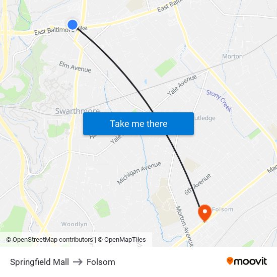 Springfield Mall to Folsom map