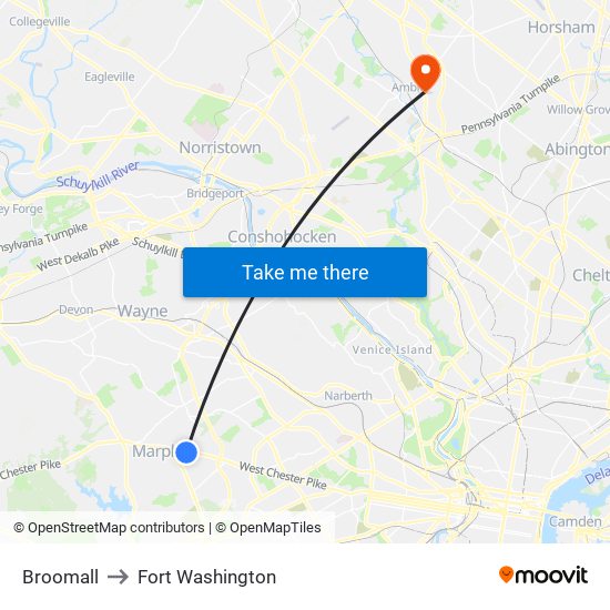 Broomall to Fort Washington map