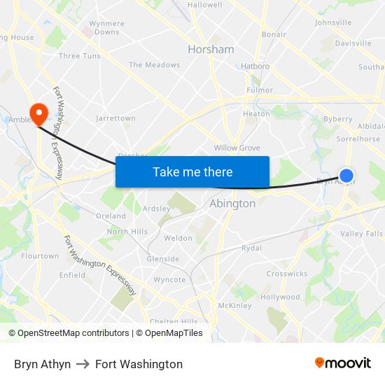 Bryn Athyn to Fort Washington map