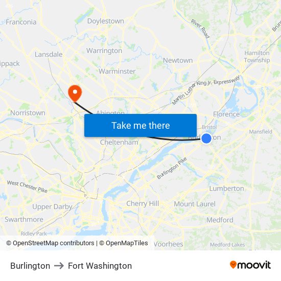 Burlington to Fort Washington map