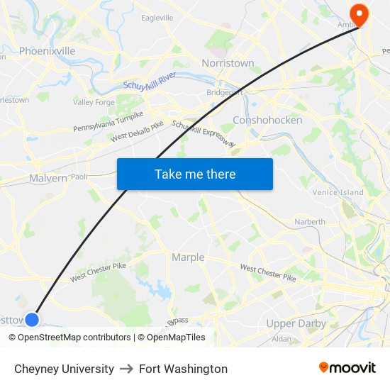 Cheyney University to Fort Washington map