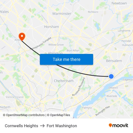 Cornwells Heights to Fort Washington map