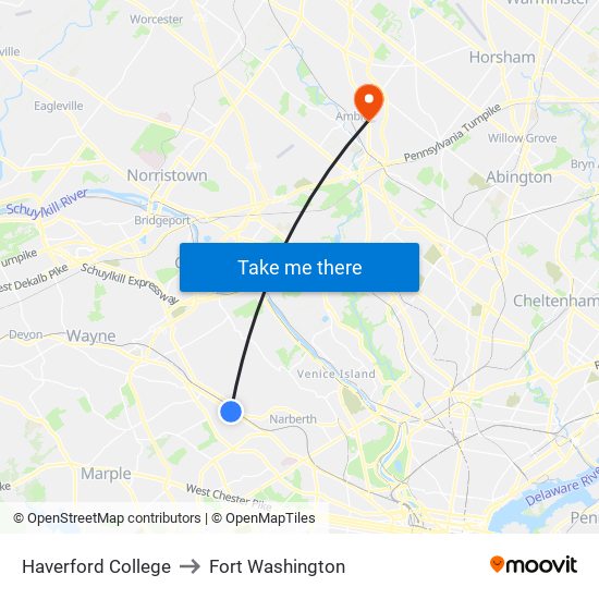 Haverford College to Fort Washington map