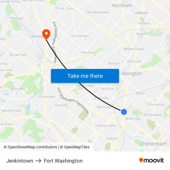 Jenkintown to Fort Washington map