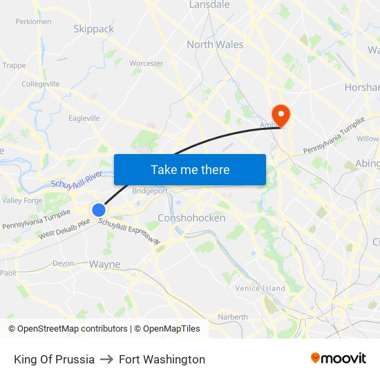 King Of Prussia to Fort Washington map