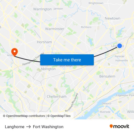 Langhorne to Fort Washington map