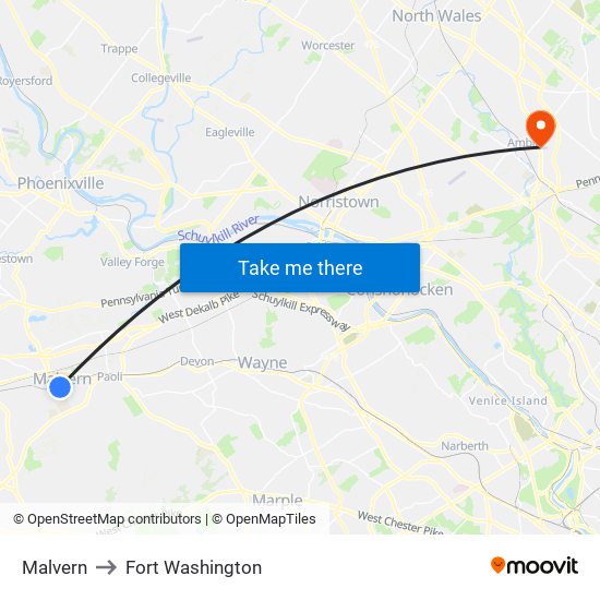Malvern to Fort Washington map