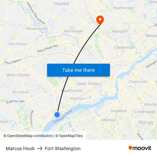 Marcus Hook to Fort Washington map