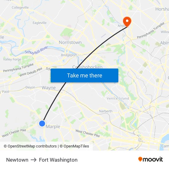 Newtown to Fort Washington map
