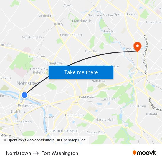 Norristown to Fort Washington map