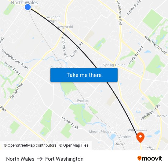 North Wales to Fort Washington map