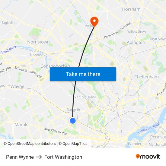 Penn Wynne to Fort Washington map