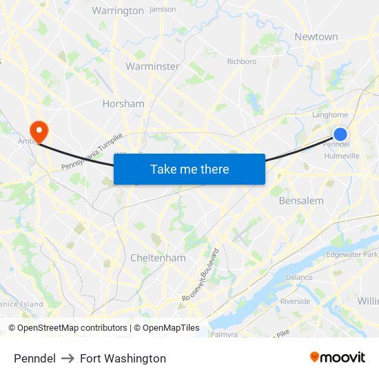 Penndel to Fort Washington map
