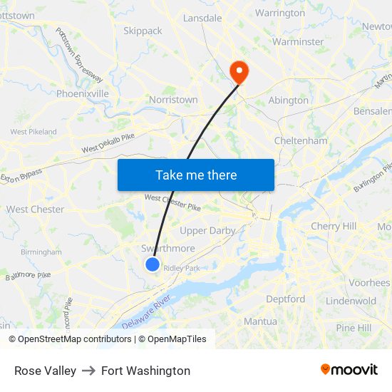 Rose Valley to Fort Washington map