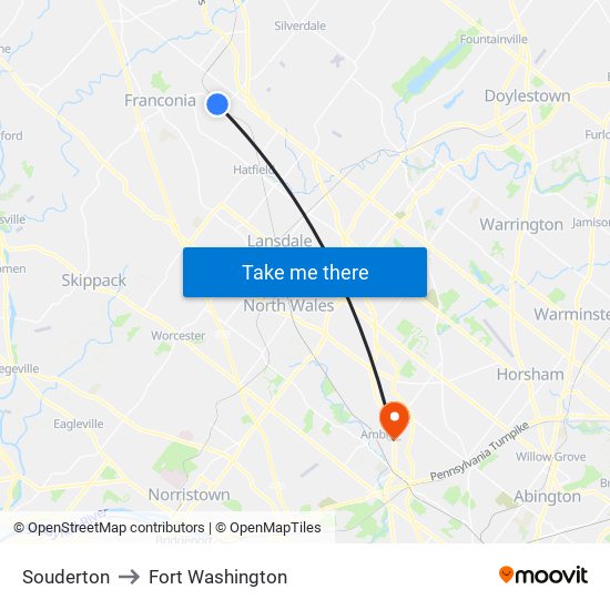 Souderton to Fort Washington map