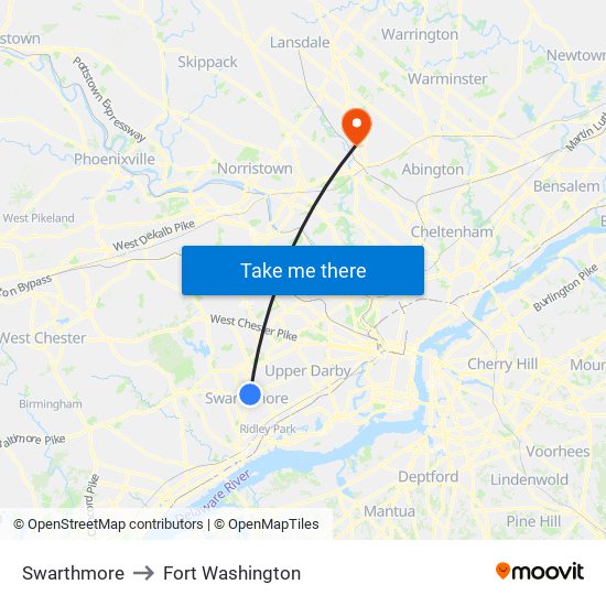 Swarthmore to Fort Washington map