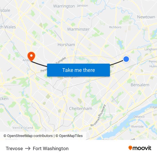 Trevose to Fort Washington map