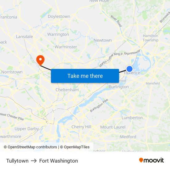 Tullytown to Fort Washington map