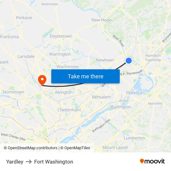 Yardley to Fort Washington map