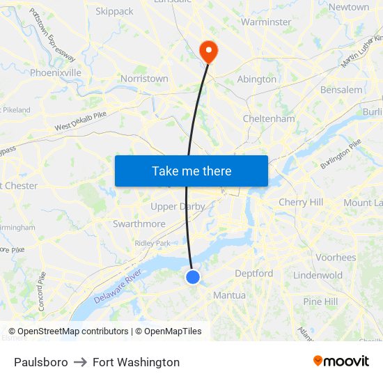 Paulsboro to Fort Washington map