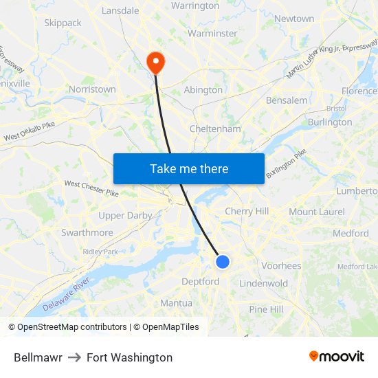 Bellmawr to Fort Washington map