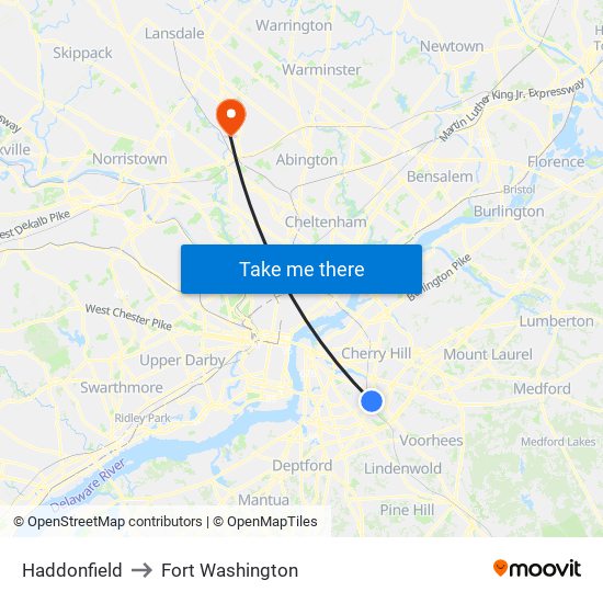 Haddonfield to Fort Washington map
