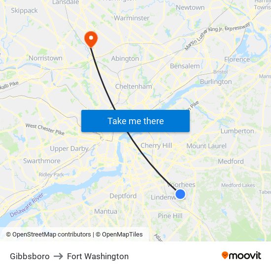 Gibbsboro to Fort Washington map