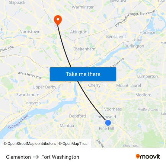 Clementon to Fort Washington map