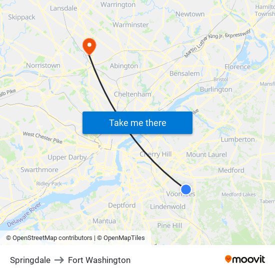 Springdale to Fort Washington map