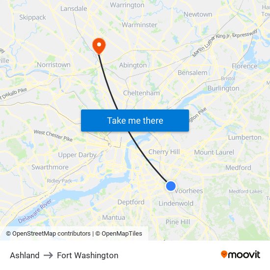 Ashland to Fort Washington map