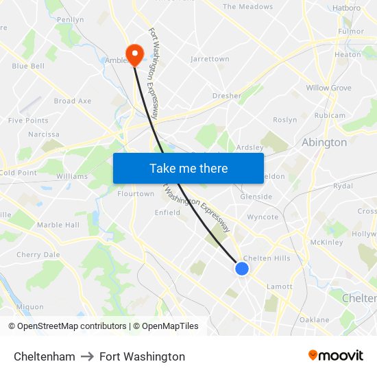 Cheltenham to Fort Washington map