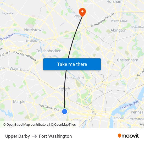 Upper Darby to Fort Washington map